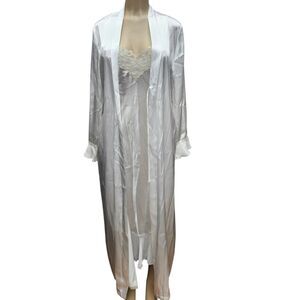 Intimo Donatella Peignoir Set Womens Small Ivory Satin Lace Pearls Gown Robe New